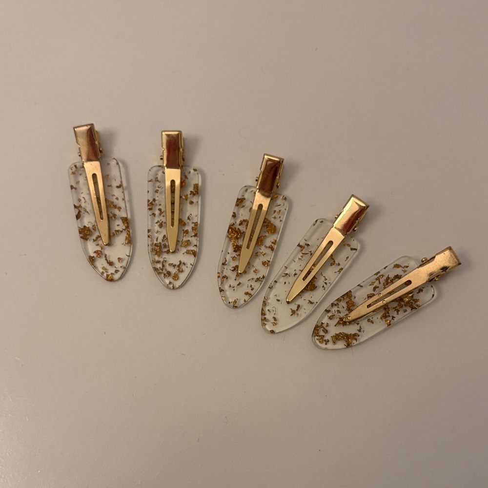 Clear Resin Hair Clips with Gold Flakes - Set of 5